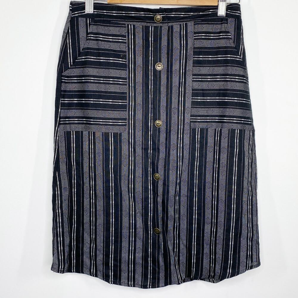 Womens Boho Peasant Utility Skirt Black Stripe Cotton Knee Length Small Modest